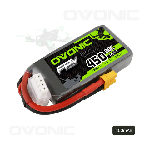 3S 11.1V 450mAh 80C Lipo Battery with XT30 Connector for RC FPV Racing Drones, featuring soft case and JST XHR 4P plug.