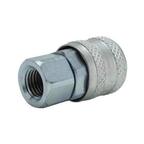 Close-up of a 1/4 inch FNPT air quick connect coupler with Buna N seal, part of A Style One Quarter Inch FNPT Air Quick Connect Couplers Pack Of 10