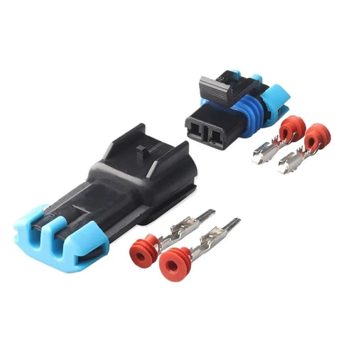 Premium 2 Pin GM Weather Pack Connector Kit Featuring Durable Male And Female Waterproof Plugs For Sensor Fan Wiring With Exact Fit 15300002 15300027 Hoses, black and blue connectors with terminals
