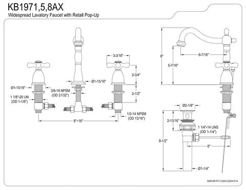 Diagram of Heritage Widespread Lavatory Faucet With Adjustable 8 To 16 Inch Center, Polished Chrome Finish, Built To Last Brass Construction