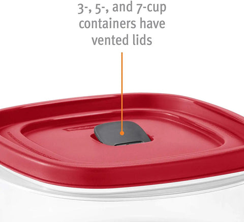 Close-up of red vented lid on Square 5 Cup Food Storage Containers Pack Of 3 With Red Vent Lids Snap Together Lids To Cut Clutter BPA Free