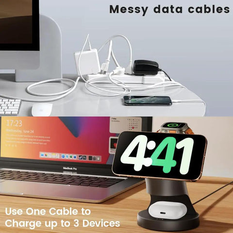 Comparison of messy data cables vs. 3-In-1 Wireless Charging Station For iPhone 17 16 15 14 13 12 Pro Max Plus Mini, AirPods 2 3 4 Pro, And Watch Ultra 11 10 9 8 7 SE MagSafe Charger Dock with devices