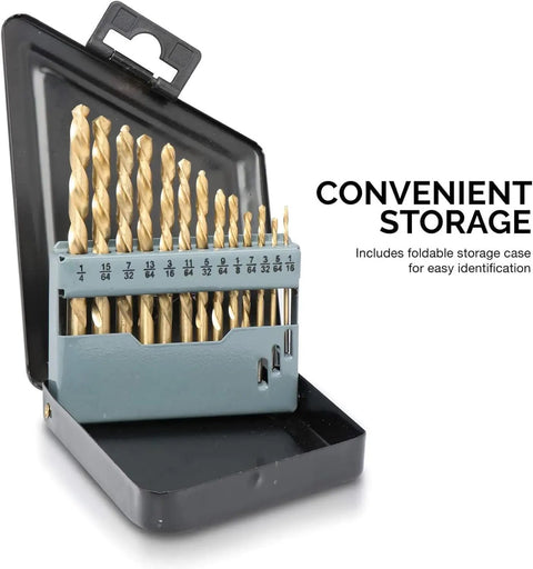 Left-Hand Drill Bit Set, Go-To Titanium Nitride Coated High-Speed Steel Bits, Reverse-Twist Design, SAE Inch Sizes, 13-Piece Kit