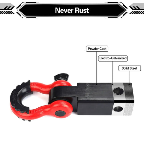 Shackle Hitch Receiver Two Inch Heavy Duty Tow Hitch With Five Eighth Inch Screw Pin And Three Quarter Inch D Ring Shackles, carbon steel.