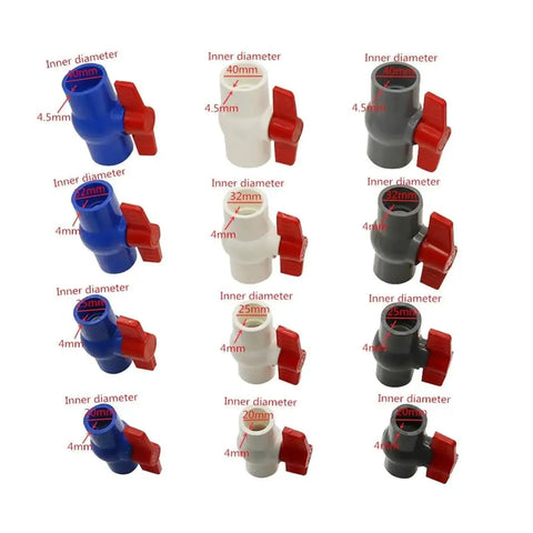 Top Shelf White UPVC Ball Valve With Forty Millimeter Inner Diameter For Quick Plumbing Pipe Switch Swap And Tight Glued Joint Fits That Give You Hella Smooth Flow And Stay Dead Tight Against Leaks For Your Everyday Home Fix Up Tasks - Various sizes showcased.