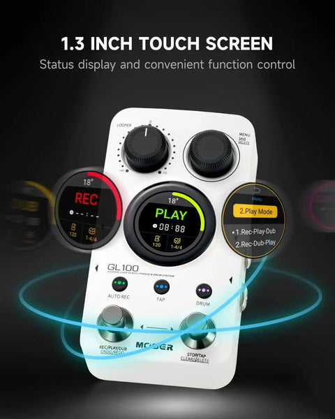 All In One Drum Looper And Guitar Pedal With Hundred Memory Slots And Three Hundred Minutes Of Total Recording Time One Point Three Inch Touchscreen shown with controls