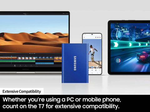 T7 Portable SSD 1TB External Solid State Drive shown with laptop, smartphone, and tablet for compatibility