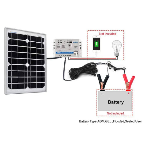 20W Monocrystalline Solar Panel And 5A PWM Charge Kit with USB 5V output, SAE connectors, alligator clamps, battery not included