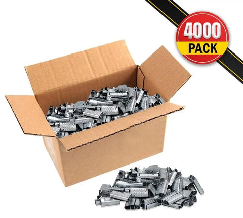 Beefy Serrated Steel Banding Clips For Five Eighths Inch Strapping 2000 Piece Set Pallet Banding in open box displayed