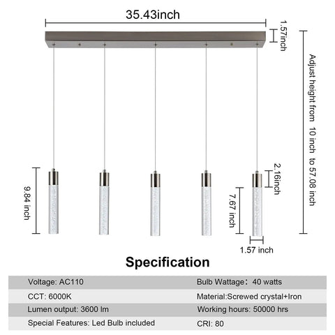 Diagram of 5 Light Pendant Ceiling Light Fixture For Kitchen Island With Crystal Bubble Beads, specifications and dimensions shown