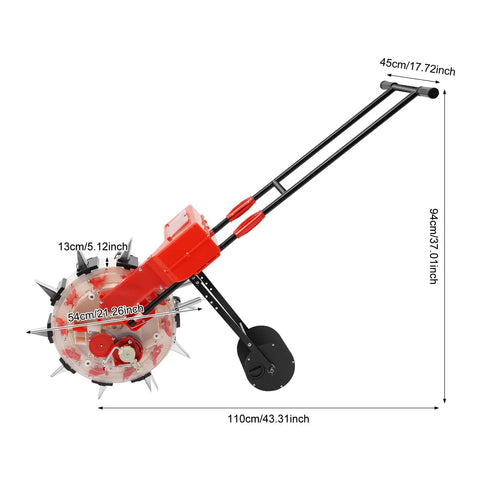 Side view of Walk Behind Seed Planter With 10 Equidistant Nozzles Handheld Seeding Machine with dimensions labeled.
