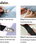 Installation steps for Adjustable Bed Sheet Straps Clips 8 Pack Black Heavy Duty Elastic Mattress Fasteners To Lock Down Sheets