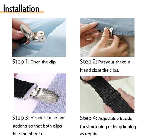 Installation steps for Adjustable Bed Sheet Straps Clips 8 Pack Black Heavy Duty Elastic Mattress Fasteners To Lock Down Sheets