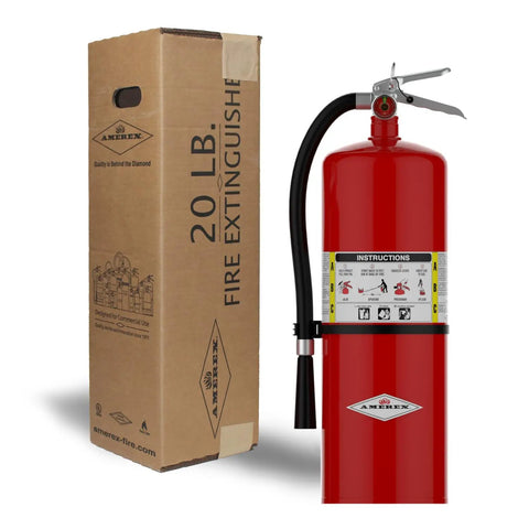 Heavy Duty Twenty Pound Abc Dry Chemical Fire Extinguisher With Wall Mount Bracket next to its box, displaying clear instructions.
