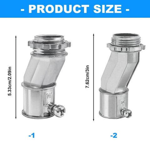 Heavy Duty Zinc Alloy Conduit Adapters With Smart Offset Design For Tricky Tight Spaces Hustle Free Solo Install Slick Half Inch To Half Inch Wire Routing Pack Of Six Killer Tool Set dimensions displayed with side views.