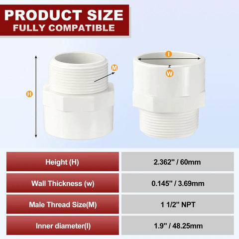 Five Pack One And A Half Inch PVC Pipe Fittings NPT Male Thread Adapters with dimensions and specifications displayed