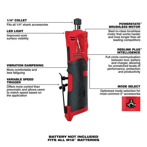 Pro Grade Brushless Straight Die Grinder With Variable Speed Gears And Quarter Inch Hex Shank showing features like LED light and variable speed trigger.