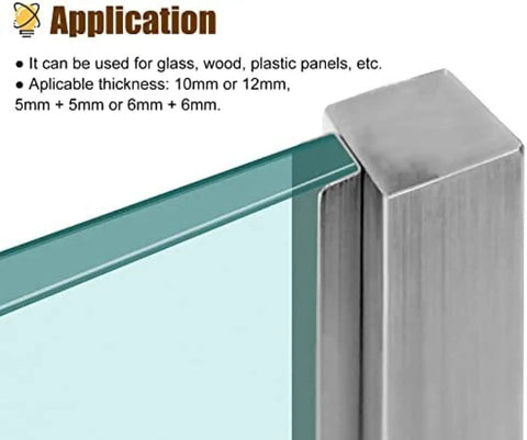 Hella Durable 304 Stainless Steel Corner Post For Glass Railing With Rock Solid Rectangle Base Built Tough For Commercial Deck Balcony Hotel Handrail Support At 37 Point Four Inch Height, shown with 10mm glass.
