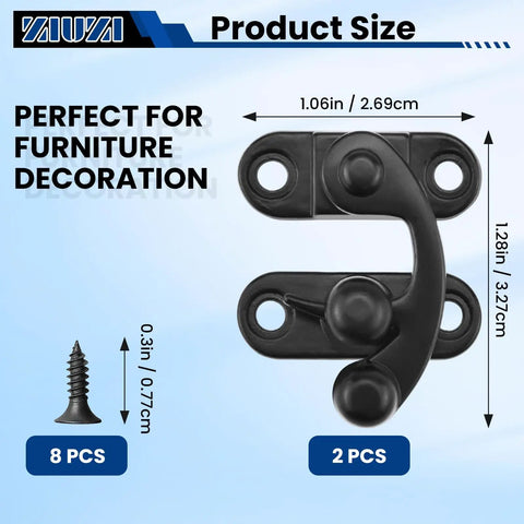 Antique Black Small Hasp Latch Set For Jewelry Box Cabinet And Toolbox, Swing Arm Hook Lock with dimensions and screws