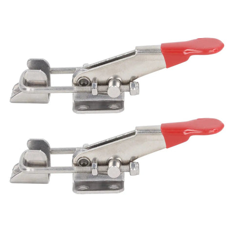 Heavy Duty Stainless Steel Adjustable Gate Latches 2 Pack Pull Latches Tailgate Kit 400 Lbs Capacity Tough As Nails Built For Doors Machinery Automotive And Woodworking, angle view showing red handles