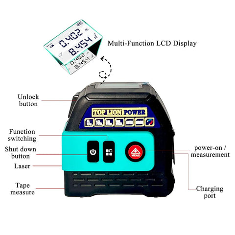 Tough 2IN1 Green Laser Tape Measure 262FT Digital Distance Meter showing multi-function LCD display and buttons for operation.
