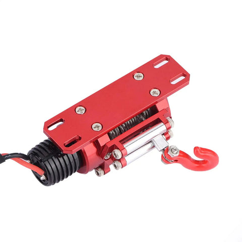 Durable Metal RC Winch For Heavy Duty Electric Crawler Trucks With Nylon Capstan Hook Rope For Rugged Off Road Crawling Adventures. Red metal winch design.