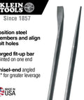 Round Three Quarter Inch Thirty Inch Connecting Bar With Fifteen Degree Angled Chisel End For Easy Alignment Prying And Chiseling Made In USA Sleever Bar shown with pointed chisel end.