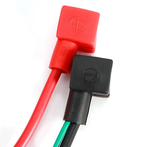 Electric Start Harness Kit With Secure Universal Fit Durable PVC Wiring Loom for Pit Bike ATV Motorcycle Off Road Trail Racing Enthusiasts and Kick Start Backup showing red and black battery connectors