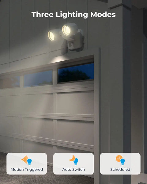 Plug In WiFi Outdoor Flood Light With 240 Degree Wide Angle, PIR Motion Sensor And Built In Siren, mounted on garage wall