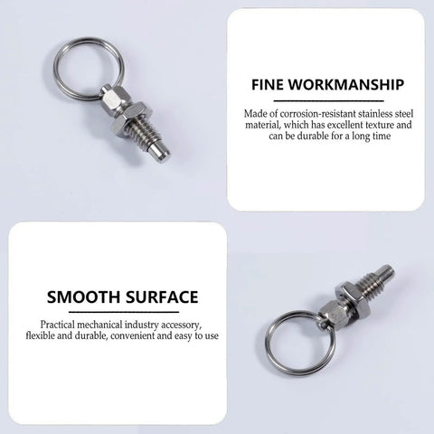 4 Pack Stainless Steel Pull Indexing Plungers With Knobs Rock Solid Heavy Duty Spring Loaded Design Built Different For Zero Grind Operation And No Fuss Shop Install Or Diy Fixups showing a stainless steel indexing plunger with keyring.