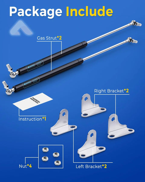 Gas struts 28-inch, 200 lb, two-pack with left and right brackets, nuts; black cylinders with chrome rods