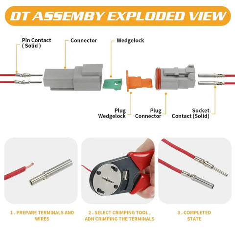 DT assembly exploded view with components of 439 Piece Waterproof Wire Connector Kit With Crimp Tool And Storage Box For Cars And Trucks