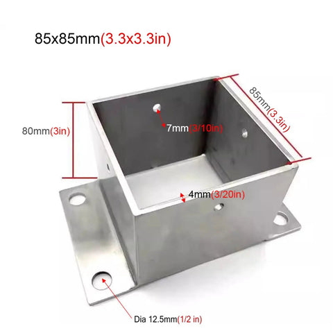Built Tough Stainless Steel Square Fence Post Anchor Base With Heavy Duty Hardware For Concrete Or Wood Deck Yard Upgrade Rock Solid Railing Bracket System 85Mm X 85Mm, close-up showing dimensions and mounting holes.