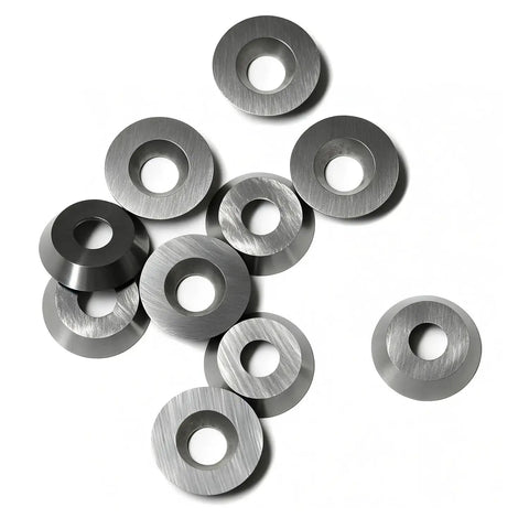12mm Round Carbide Cutters And Inserts For Woodworking Lathes, 30 Degree Indexable Heads, Tough Tungsten Steel Blades For Smooth Wood Turning - close-up of ten steel cutter inserts.