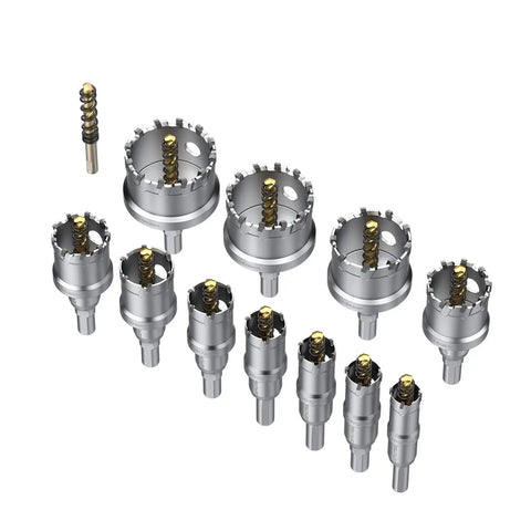 Heavy Duty Tungsten Carbide Hole Saw Drill Bit Set, 10 Pcs with titanium coated serrated cutters, and center drill.