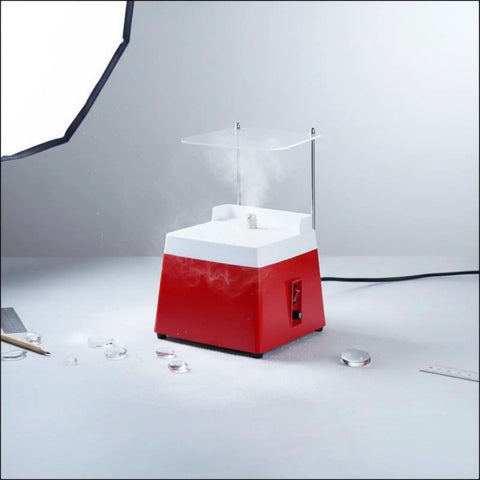 Fancyes Diamond Glass Grinder Bench Polisher With Water Guard & Lubricated Bit For Smooth Edges Compact Mini Tool For Stained Glass Artists Hobbyists 110V Us, red and white polisher emitting steam.