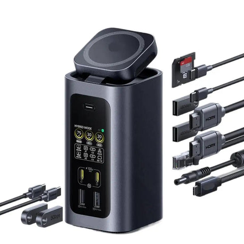 Plug Straight Into A Sick New Gear Flow With This Kickass Fifteen In One Docking Station Featuring One Sixty Watt Usb C Hub Qi Two Wireless Dual Hdmi Four K Screens For Your Laptop Daily Boost with ports and cables.