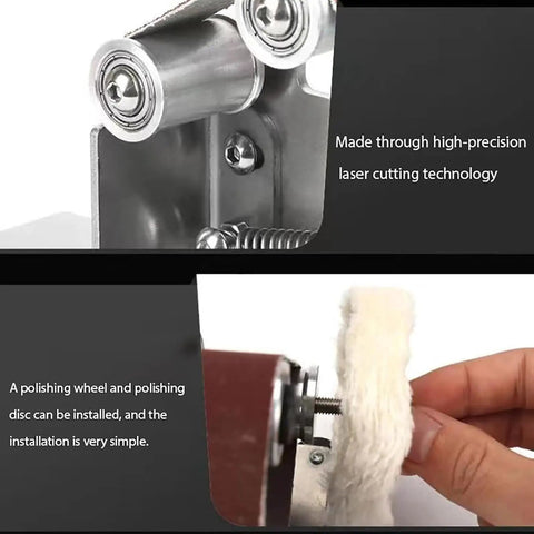 Close-up of 3-In-1 Mini Belt Sander And 7-Speed Knife Sharpener With Bench Grinder Attachment for metalworking and DIY projects.