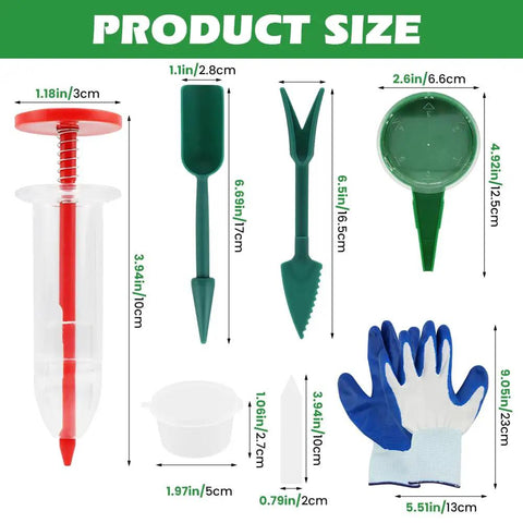 7 Piece Mini Seed Spreader Tool Set For Precise Seed Dispensing And Easy Garden Planting with sizes of each tool shown