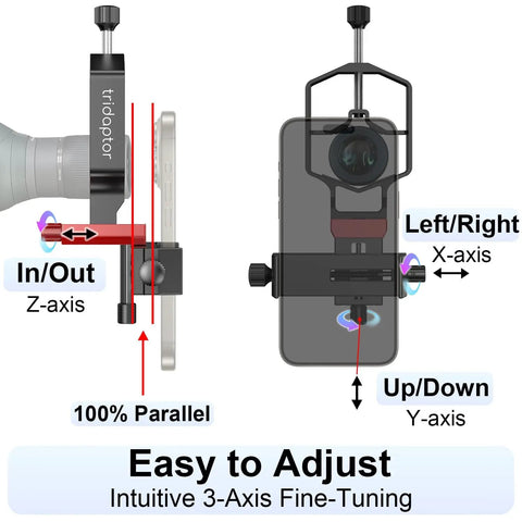 Diagram of Universal Phone Digiscoping Adapter For Spotting Scopes And Telescopes With 3-Axis Alignment showing XYZ adjustments.
