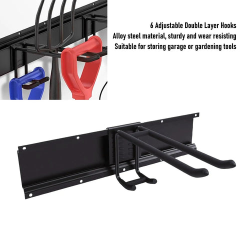 Beefy Garage Wall Storage Kit With 3 Heavy Alloy Steel Rails 3 Shelves And 6 Hooks For Tools And Garden Gear Holds Up To 360 Lbs Quick Install With All Hardware showing adjustable hooks