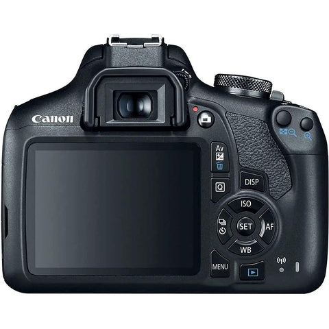 Back view of Rebel T7 DSLR Camera Kit with 24.1MP APS-C sensor, featuring control buttons and screen display.