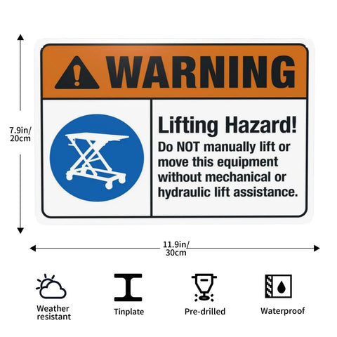 Heads Up Lifting Hazard Do Not Manually Lift Or Move This Equipment 8x12 inch warning sign with icons and dimensions.