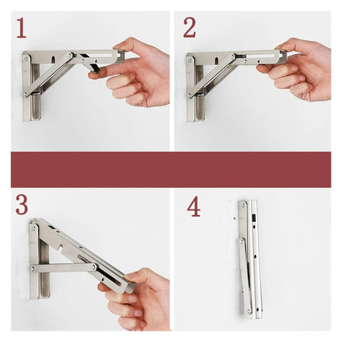 Steps to fold the Beefy Stainless Steel Foldable Triangular Bracket Set 2 Pack Wall Mount Table Shelf DIY Kit 8 To 20 Inch Adjustable Support