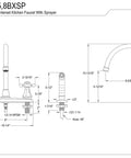 Technical drawing of Metropolitan Two-Handle Centerset Kitchen Faucet With Side Sprayer in Polished Chrome, deck mount 8 inch centerset.
