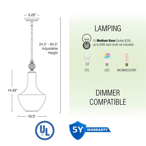 Sydney 15 Inch Modern Pendant Light dimensions and features, adjustable height, dimmer compatible, UL certified, 5-year warranty