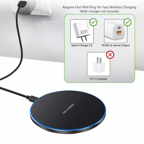 20W Fast Wireless Charging Pad For iPhone 17 16 15 14 13 12 SE AirPods Samsung Galaxy S25 S24 Note Pixel And LG Slim Qi Charger Mat With Case Friendly Design And Overheat Protection in use with power adapter guide