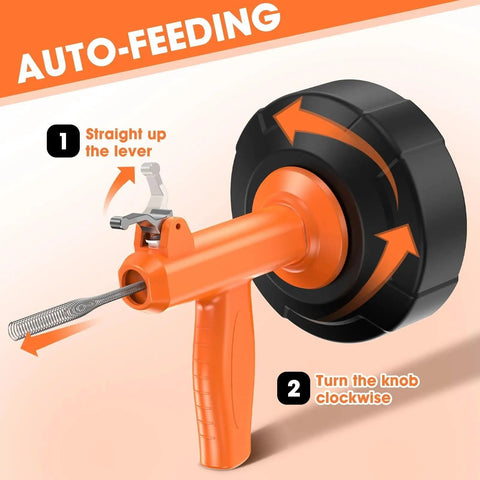 Heavy Duty Auto Feed Drain Snake With Drill Attachment, 25 Foot Flexible Steel Clog Crusher showing auto-feeding mechanism and grip.