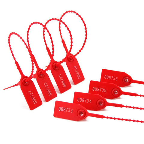 No Gimmicks Badass Red Plastic Tamper Seals With Numbered Zip Tie Design For Fire Extinguisher Security Luggage Bags Storage Bins And Cash Containers Self Locking Cable Ties 250Mm, showing various numbered ties.