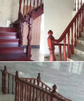 Premium Solid Poplar Wood Balusters For Deck And Stair Railing in rich brown finish, installed on staircase and balcony.